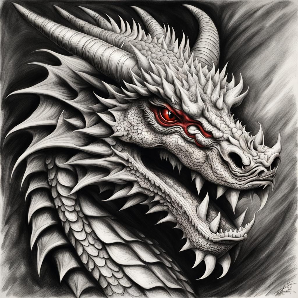 Hyperdetailed Red Dragon Head Charcoal Drawing