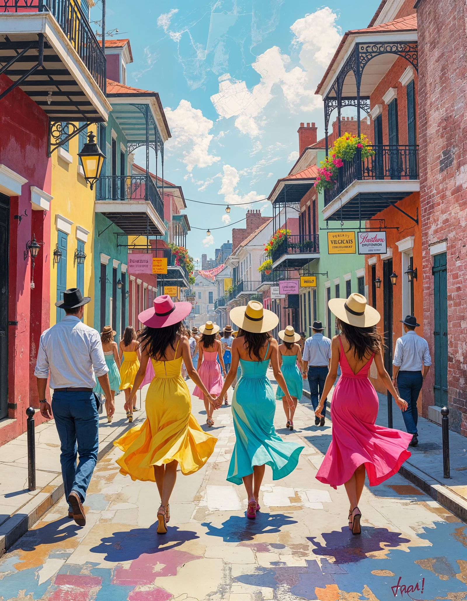 Vibrant Party-Goers in Old New Orleans Street Scene