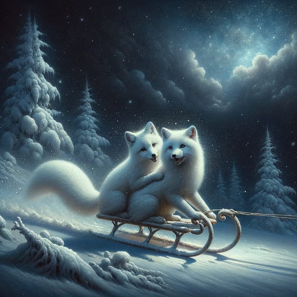 Snow Foxes Sledding in Winter Storm, Digital Art