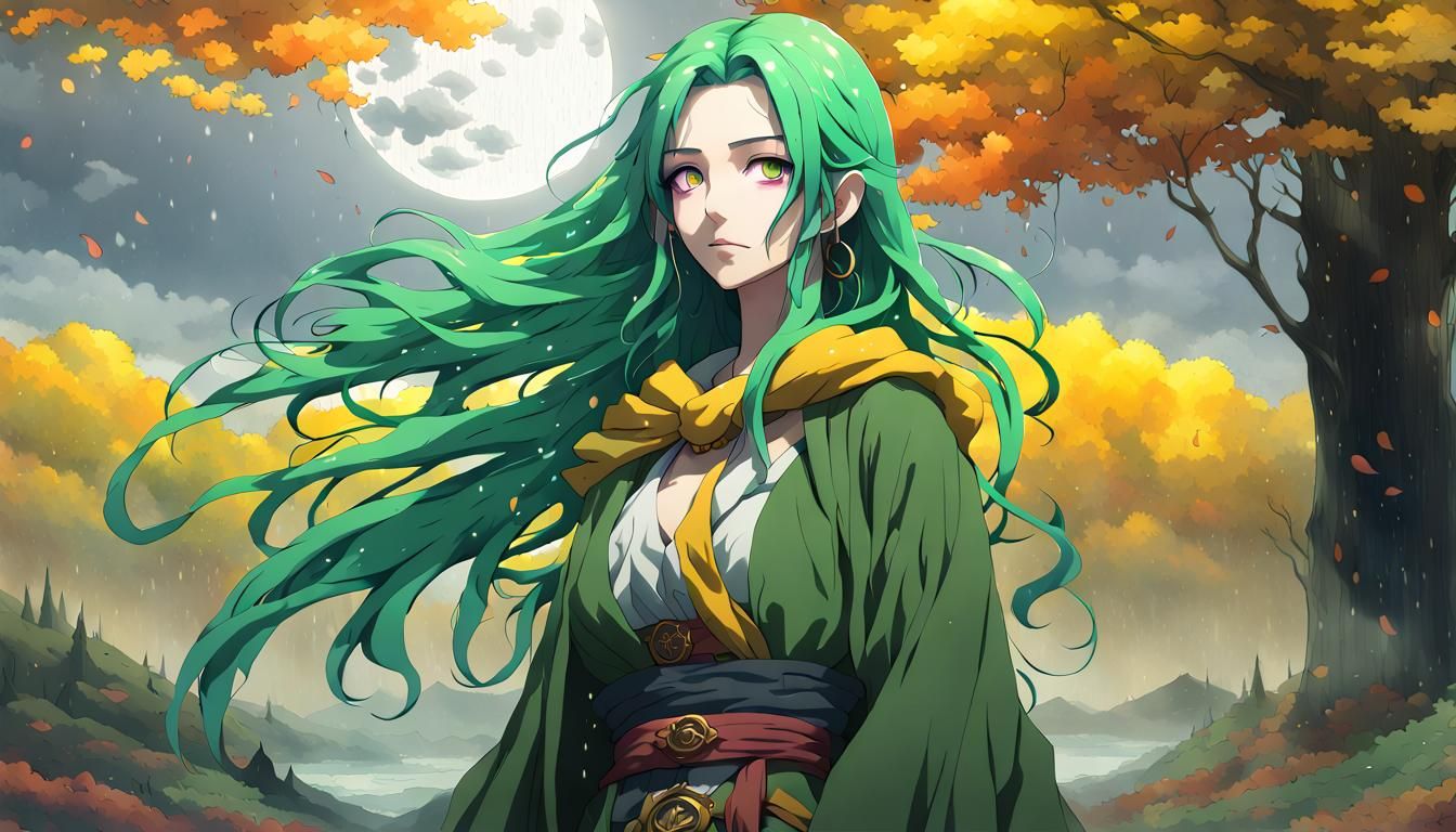 Moon Goddess Rogue in Rainy Autumn Landscape
