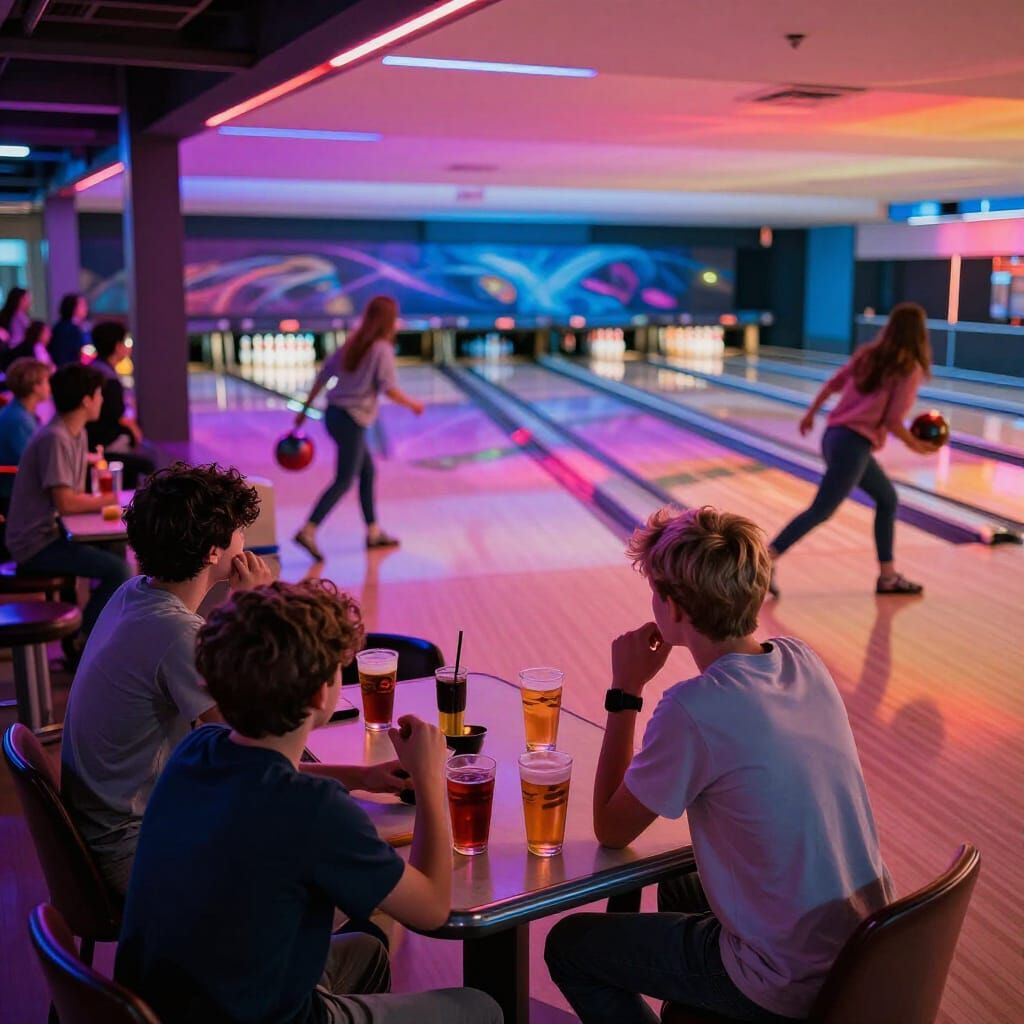 Vibrant Bowling Alley with Colorful Lights and Young People