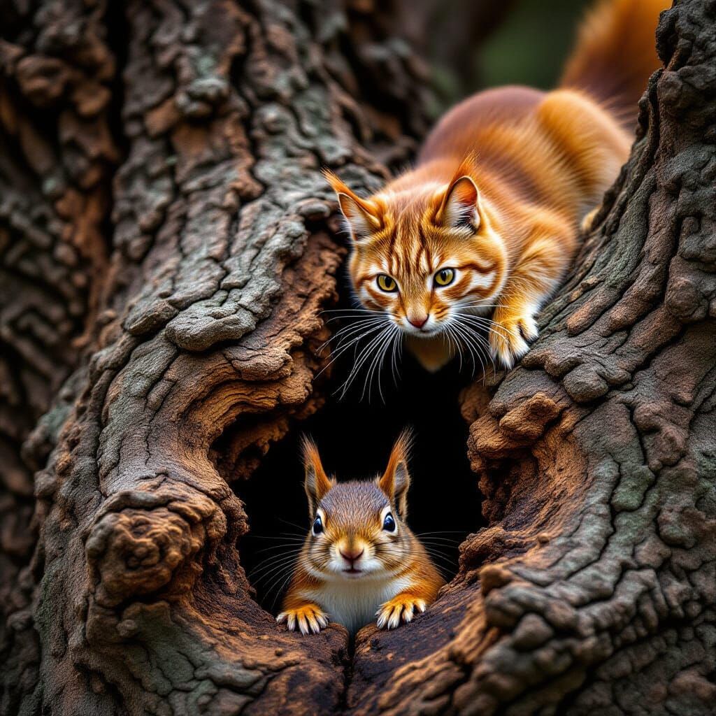 Ginger Cat and Squirrel in Natural Habitat