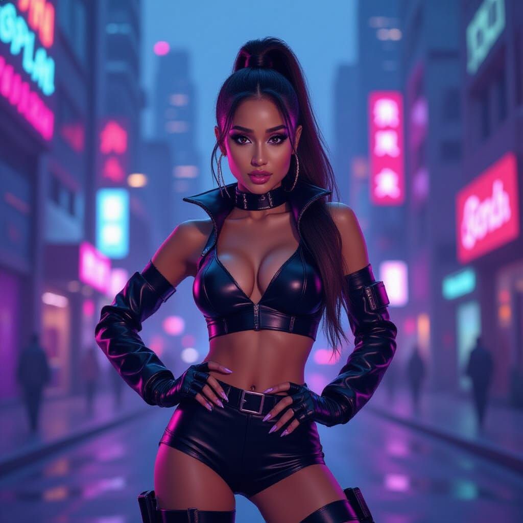 Ariana Grande in Neon Cityscape Pixel Art