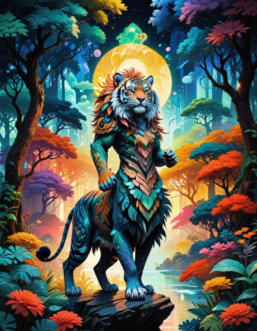 Vibrant Tiger in Lush Fantasy Forest, in a Cyberpunk Aesthet...