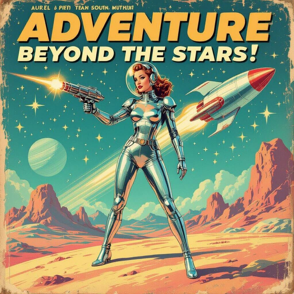 1950s Sci-Fi Magazine Cover: Female Explorer with Ray Gun