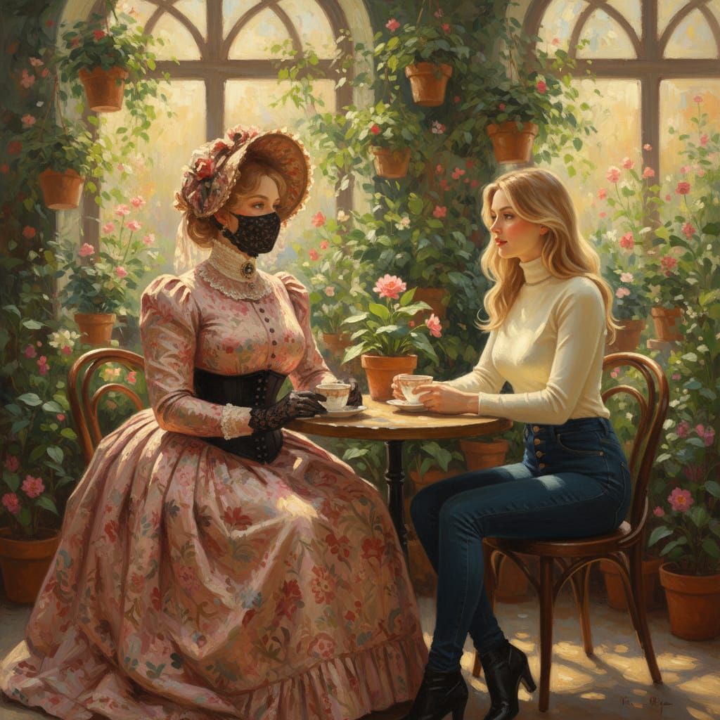 Victorian Women in Modern Cafe, Impressionist Style