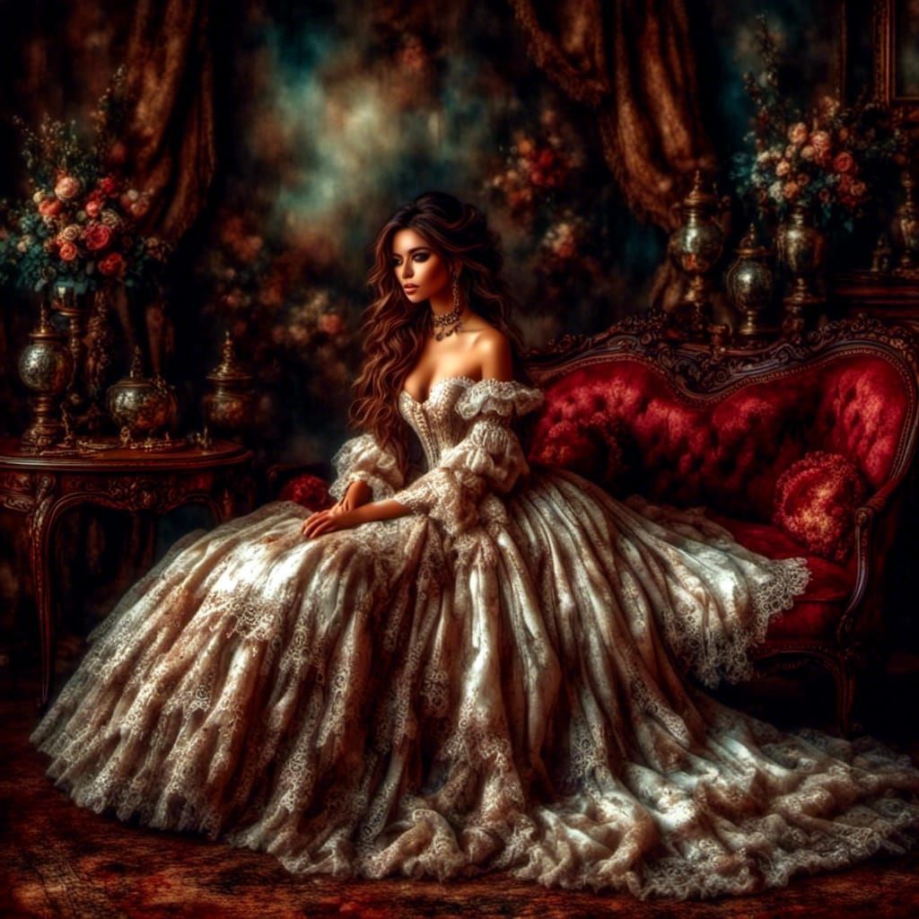 Victorian Woman in Elegant Sitting Room, Oil Painting