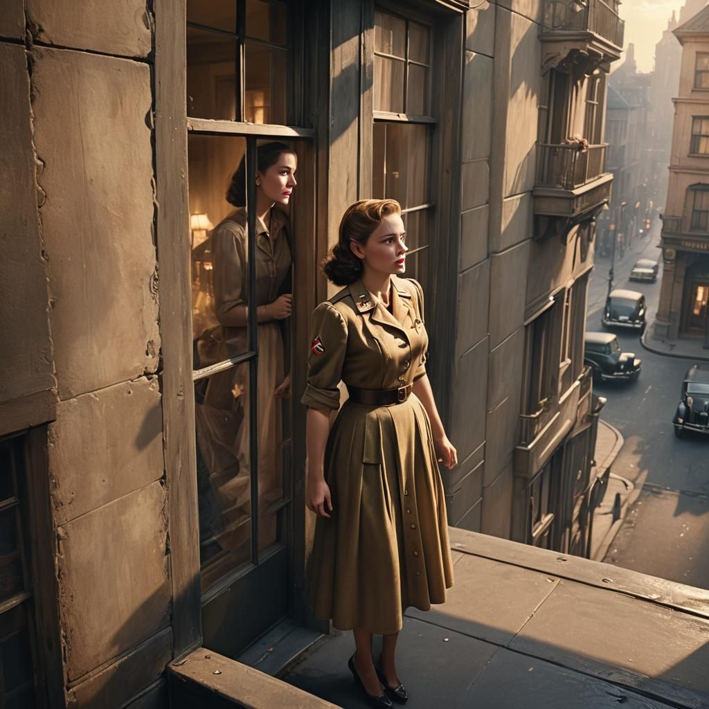 Nostalgic Woman and Soldier in Matte Painting Style