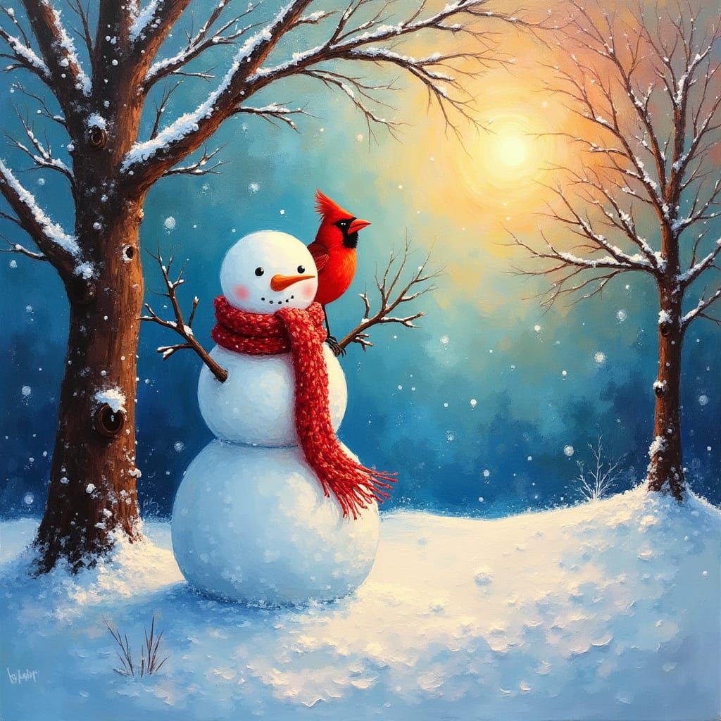 Cardinal on Snowman in Candyland Winter Wonderland