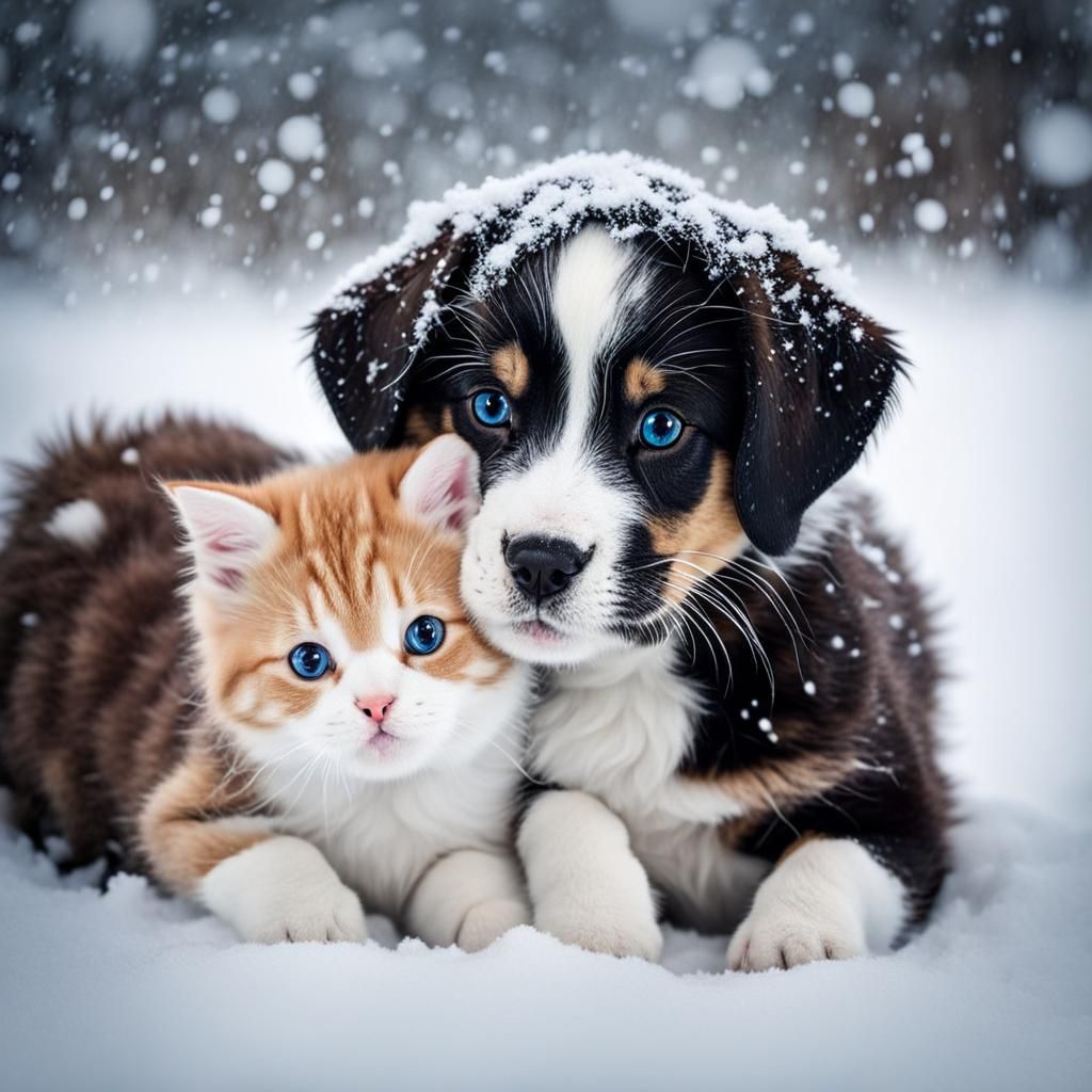 Puppy and Kitten Cuddle in Winter Snowfall