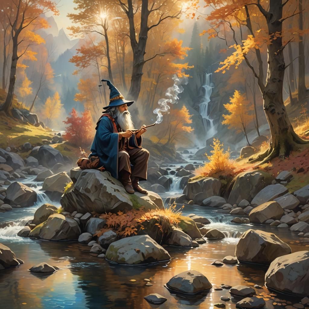Wizard Fishing in Autumn Mountain Stream: Oil Painting
