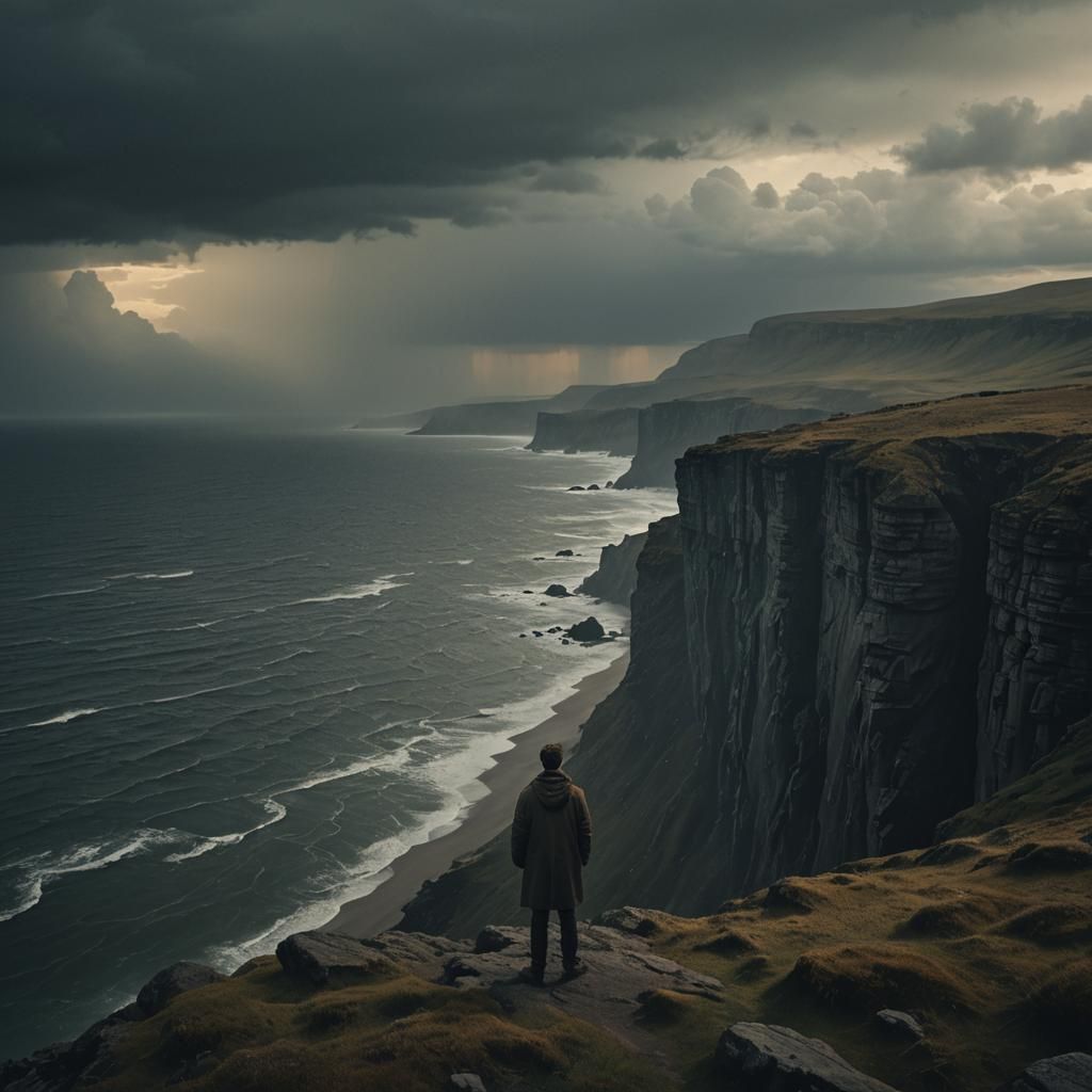 Lone Figure on Cliff in Cinematic Landscape