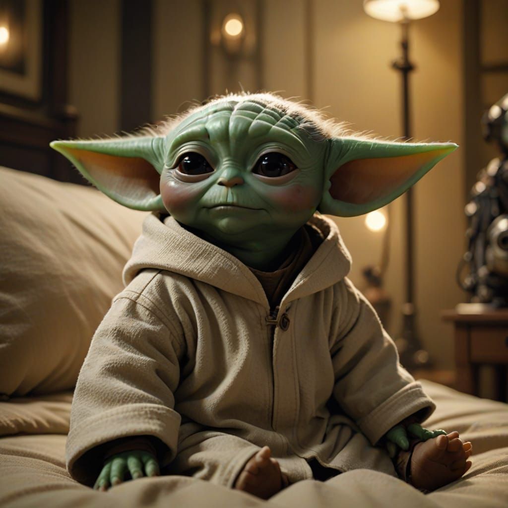 Warm Cinematic Portrait of a Toddler in a Baby Yoda Costume