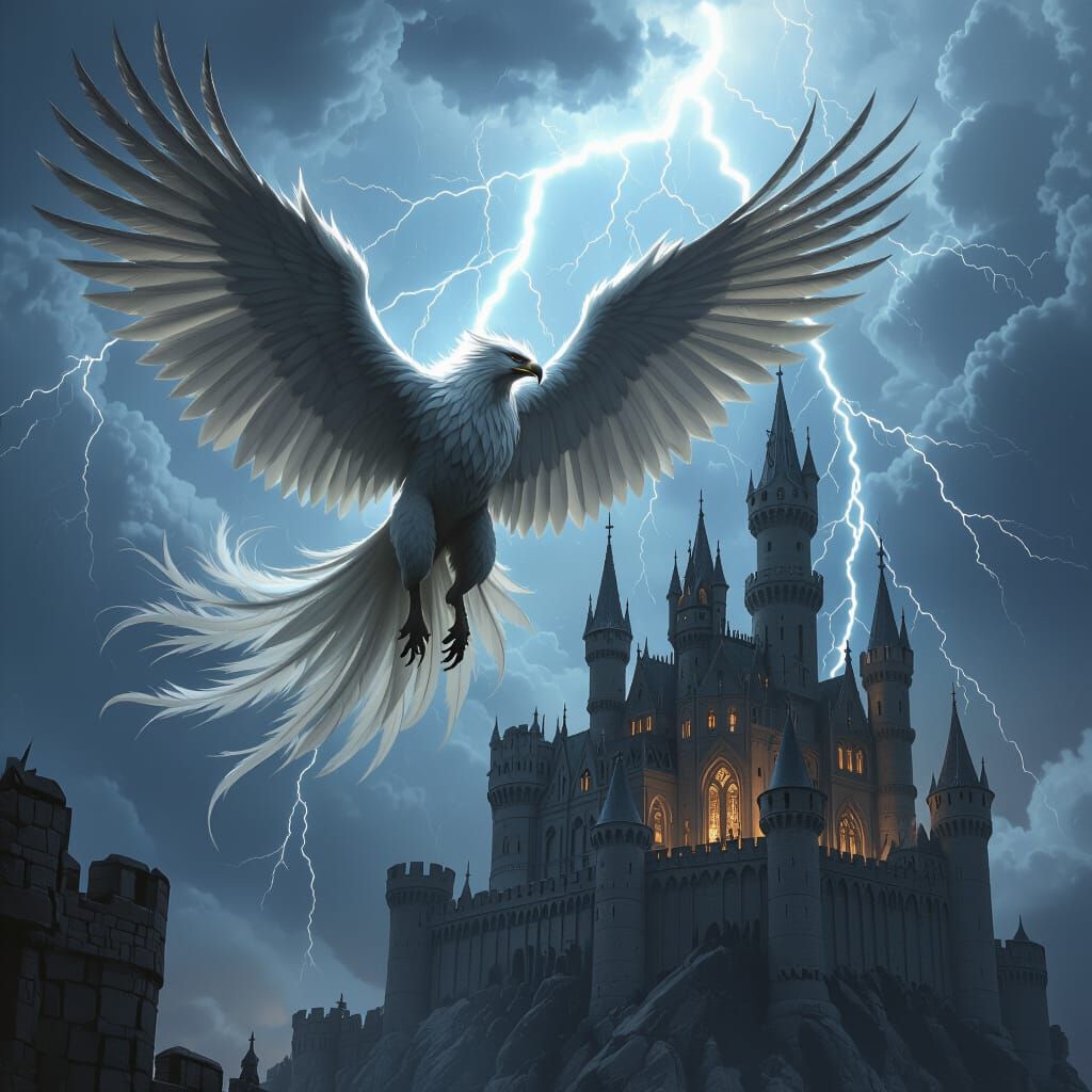 Griffin Soaring Over Gothic Castle in Storm