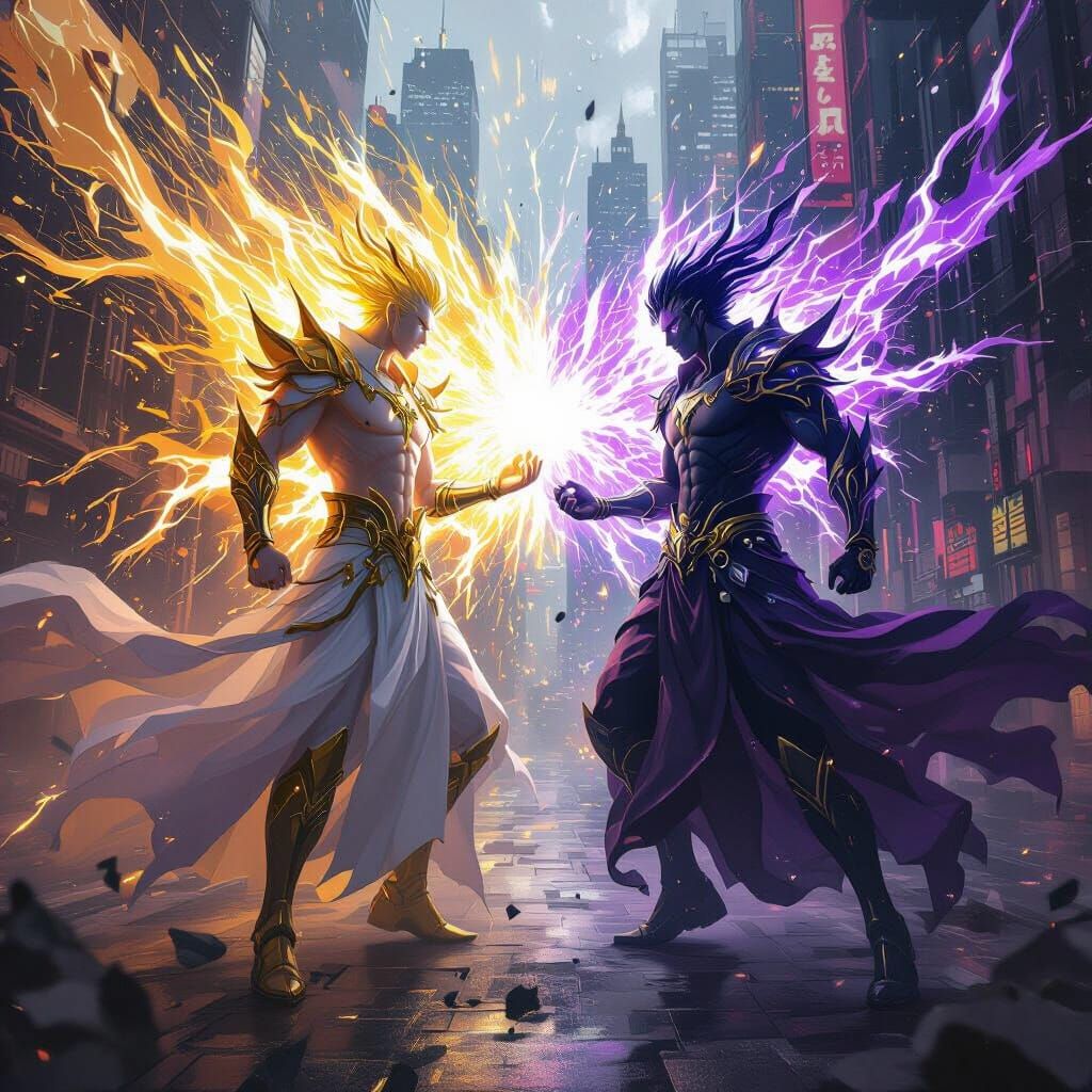 Cyberpunk Anime Gods Clash in Neon City