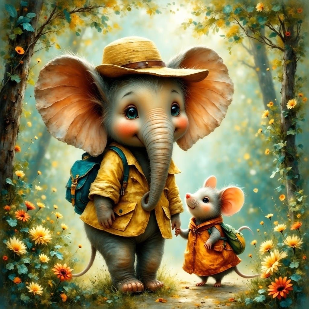 Elephant and Mouse in Lush Jungle, Whimsical Storybook Style