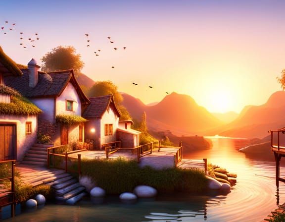 Picturesque Village Waterfall View at Orange Sunset