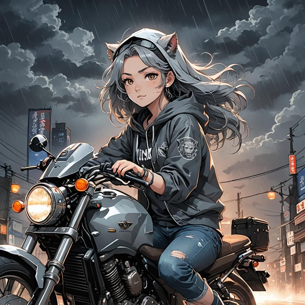 Anime Girl Rides Motorcycle in Rainy Night