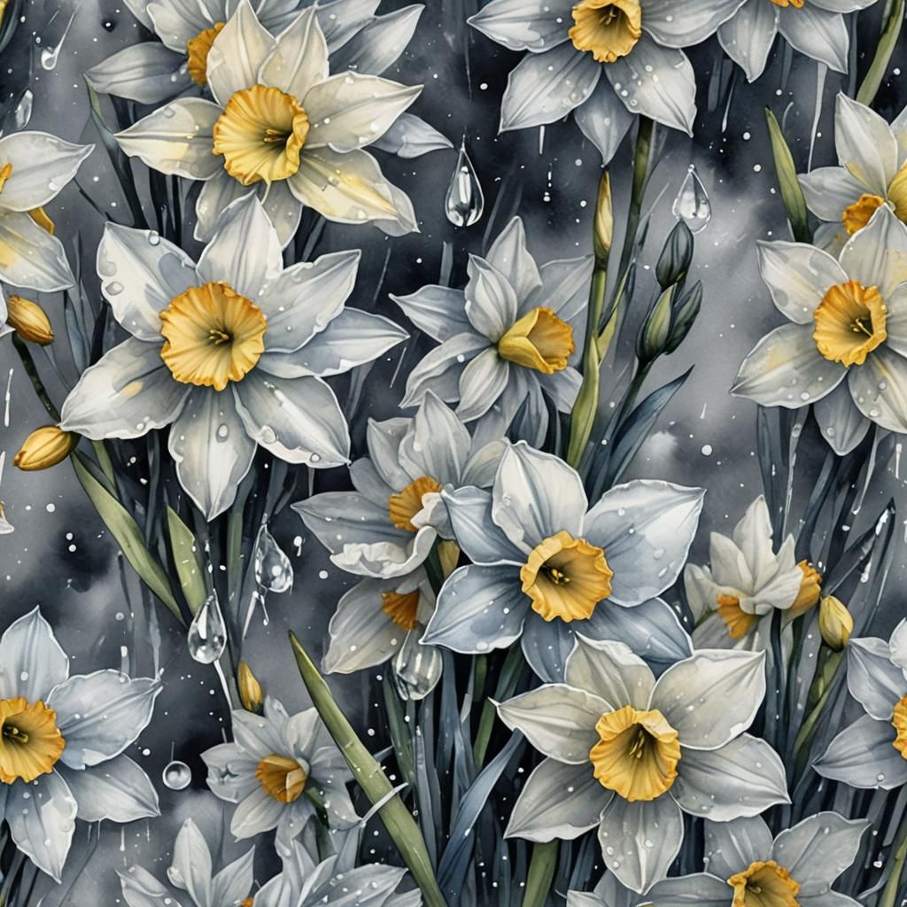 Daffodils with Tears in Monochromatic Watercolor Style