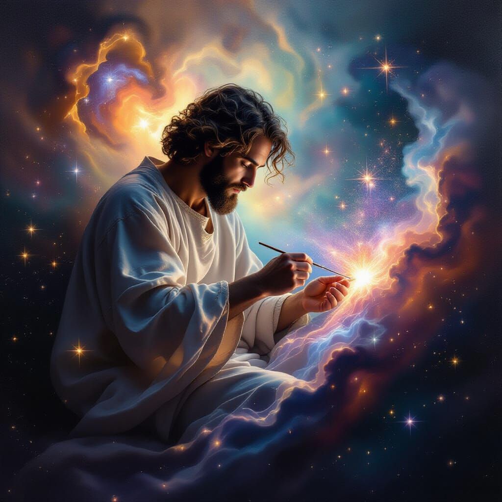 Cosmic Artist Painting Stars in Renaissance Oil Style