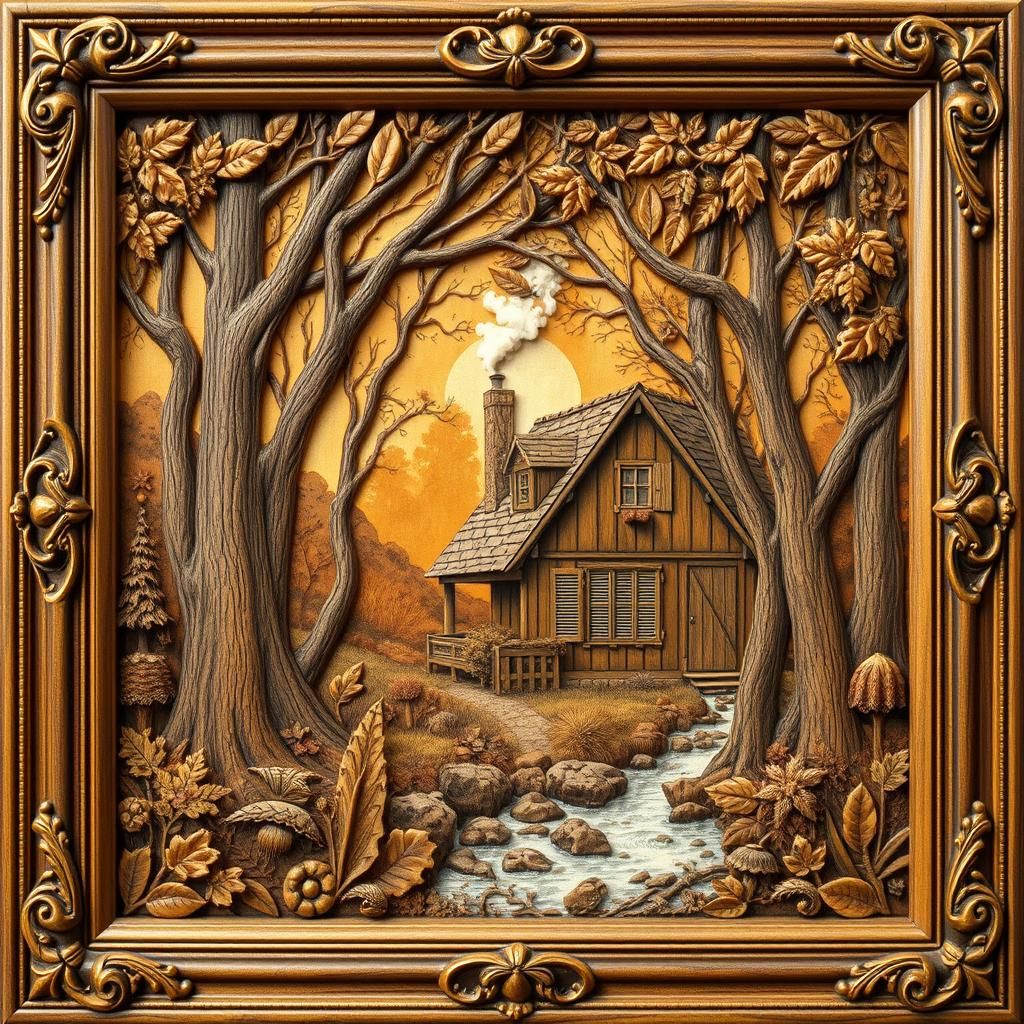 Detailed Carving of Cottage in Forest Sanctuary