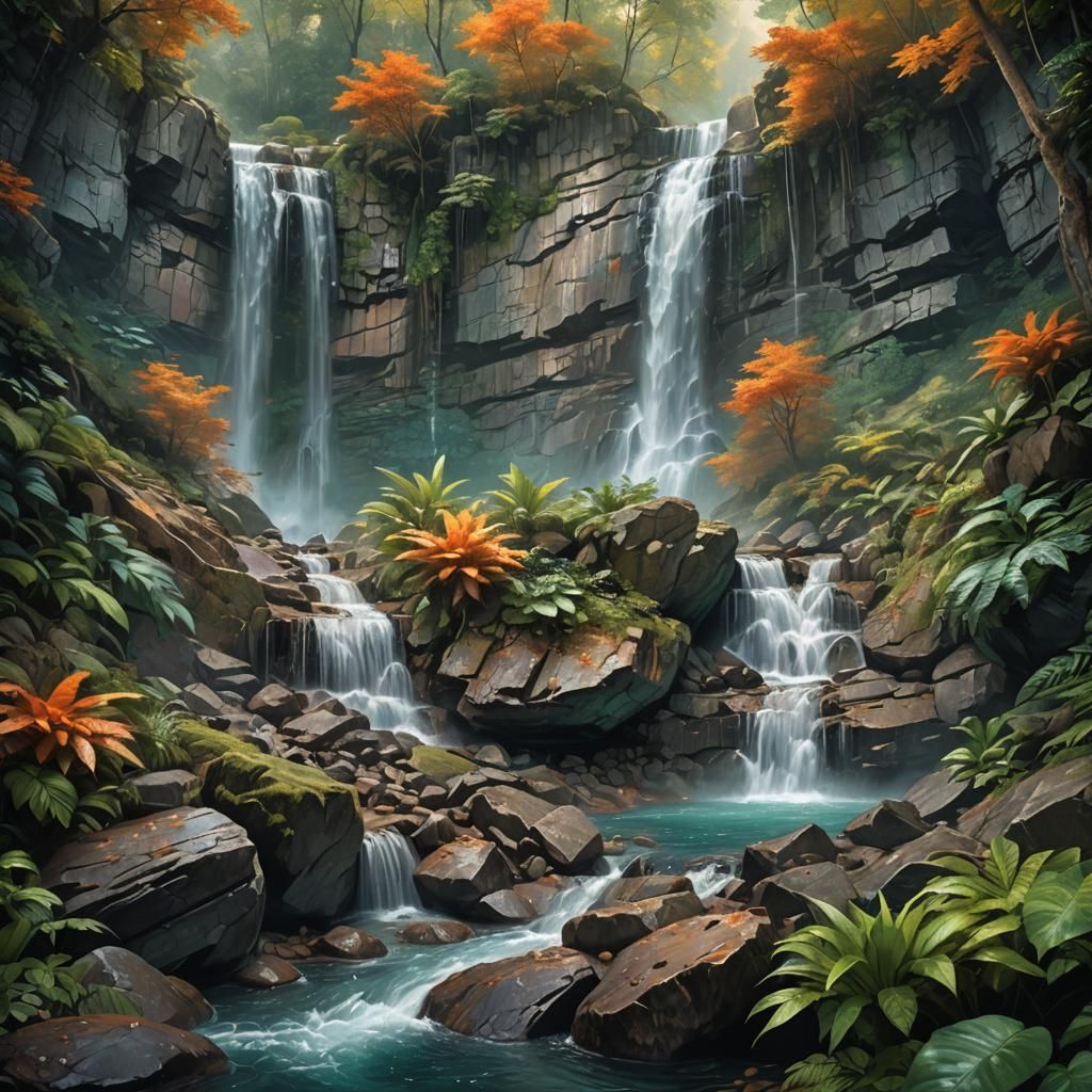 Lush Waterfall Scene in Vivid Digital Art Style