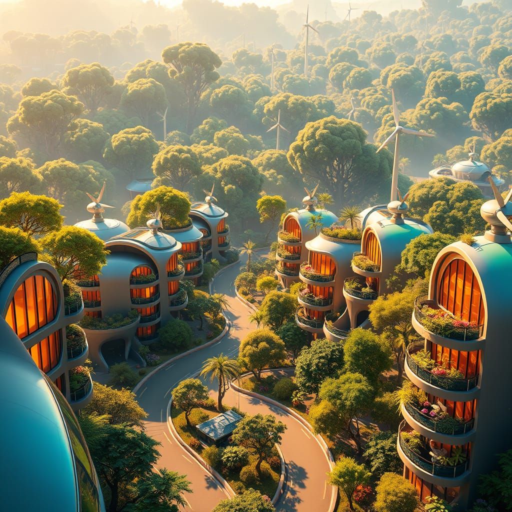 Surreal Futuristic Eco Village at Sunset in Cyberpunk Style