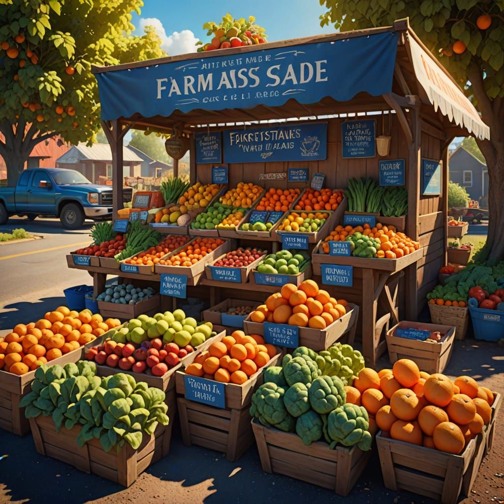 Vibrant Farmstand Display in Matte Painting Style
