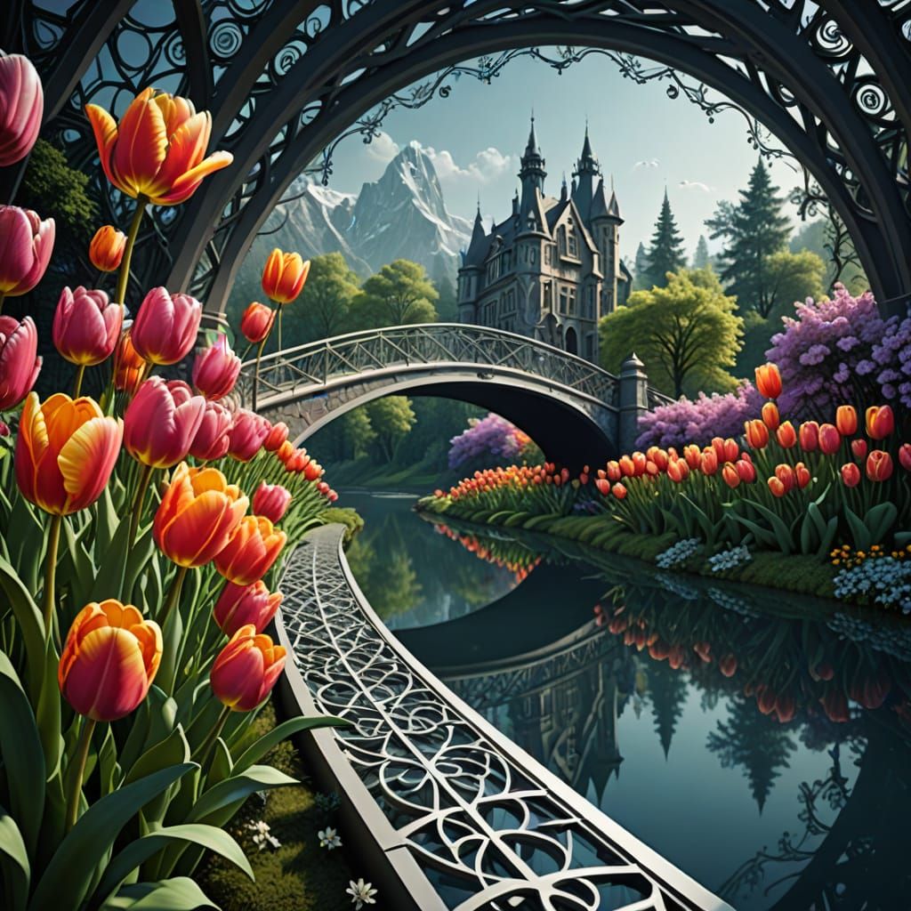 Mesmerizing Fractal Bridge Amidst Tulip Blooms