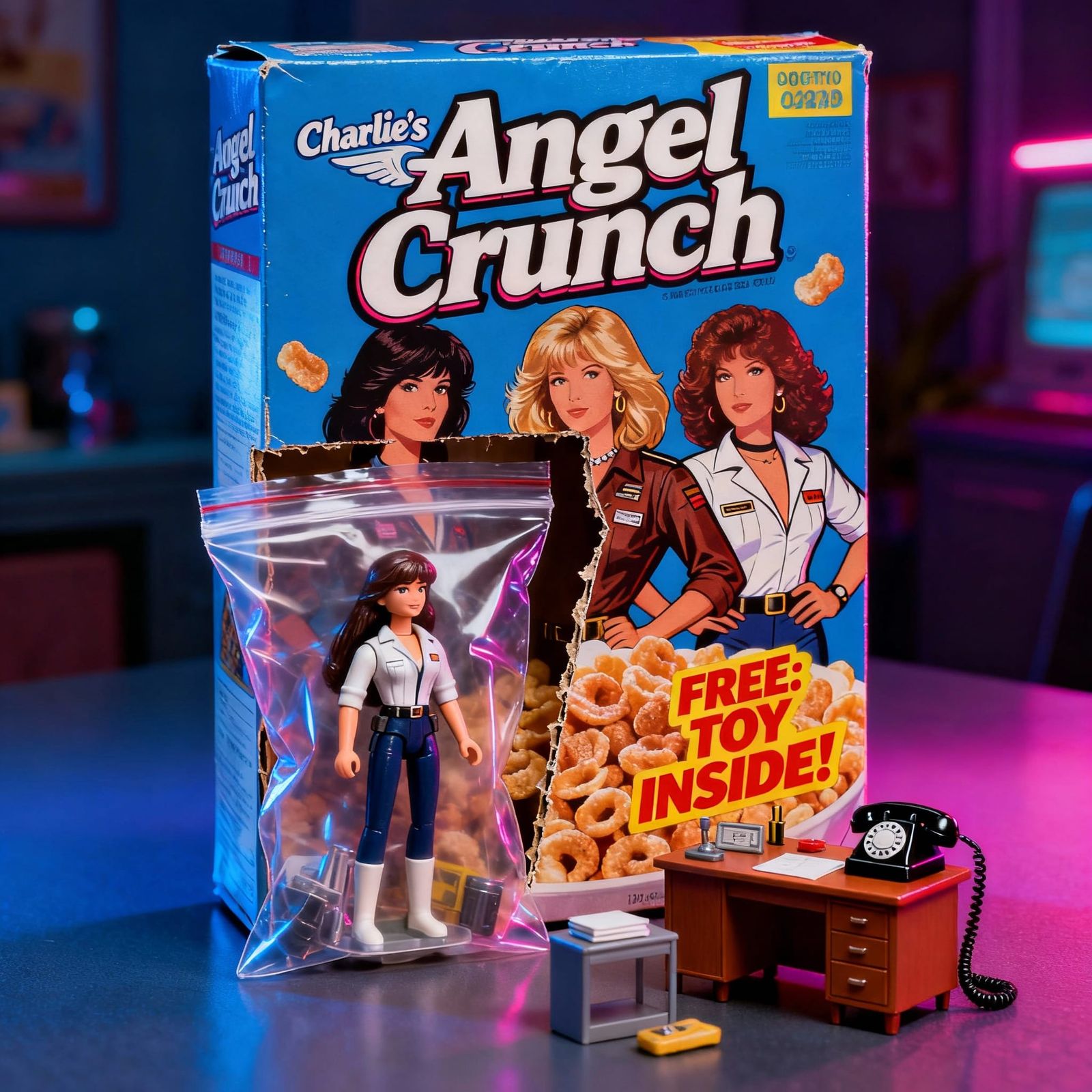 1980s Angel Crunch Cereal Box with Charlie's Angels Toy
