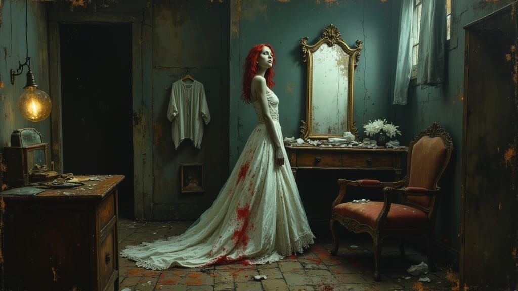 Horror Beauty: Zombie Prom Queen in Dark Room