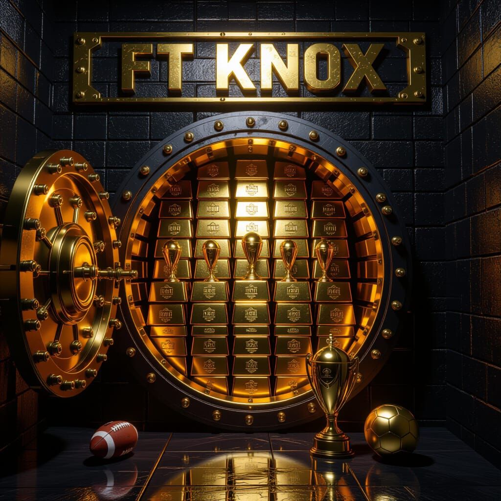 Fantasy Vault Overflowing with Gold and Football Trophies