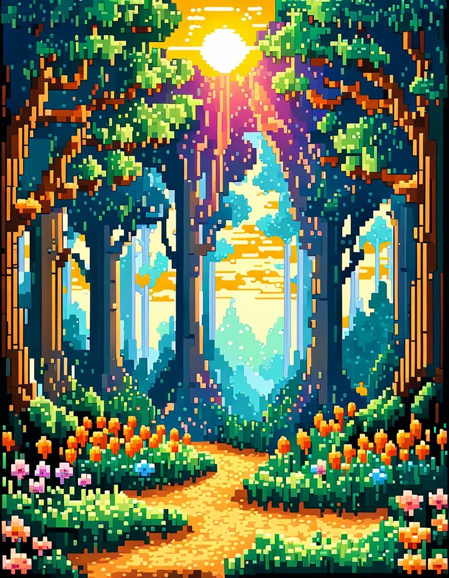 Pixel Art Sunset: Magical Forest in 8-bit Style