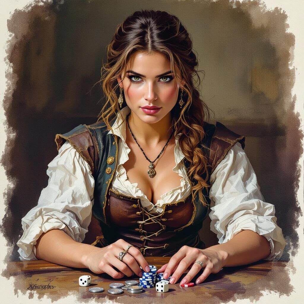 Baroque Portrait of Pirate Woman Playing Dice