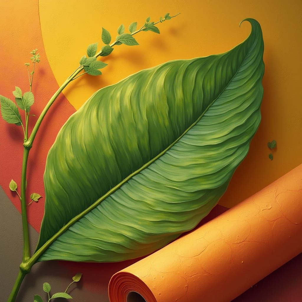 Green Leaf and Tablecloth in Realistic Style