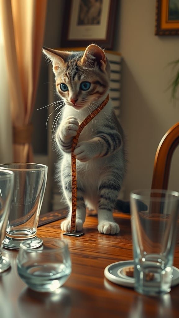 Kitten Measuring Distance in Hyperdetailed Art
