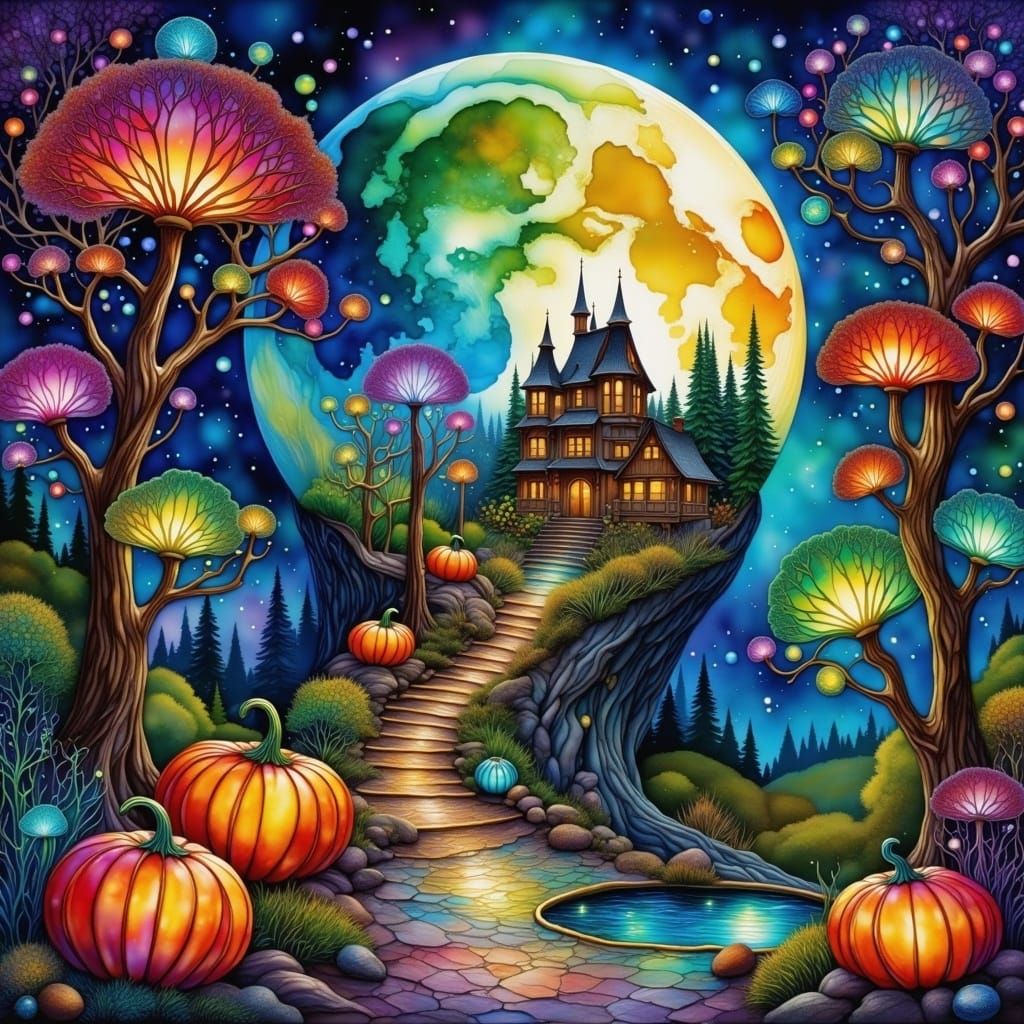 Fantasy Village Inside Moon Pumpkin with Glowing Flowers