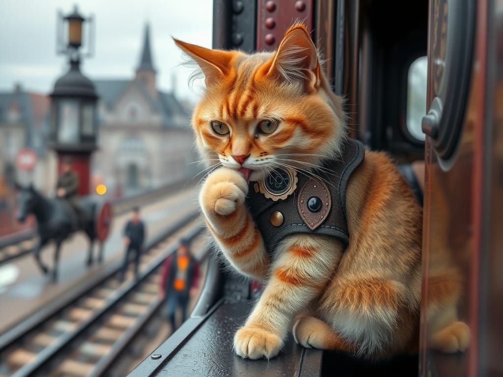 Steampunk Cat on Locomotive Window