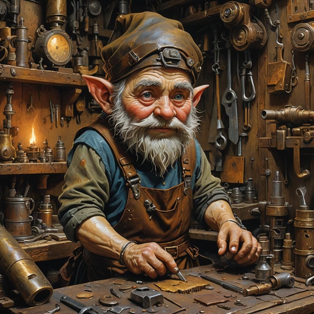 Gnome Tinkerer in Workshop, Detailed Fantasy Art