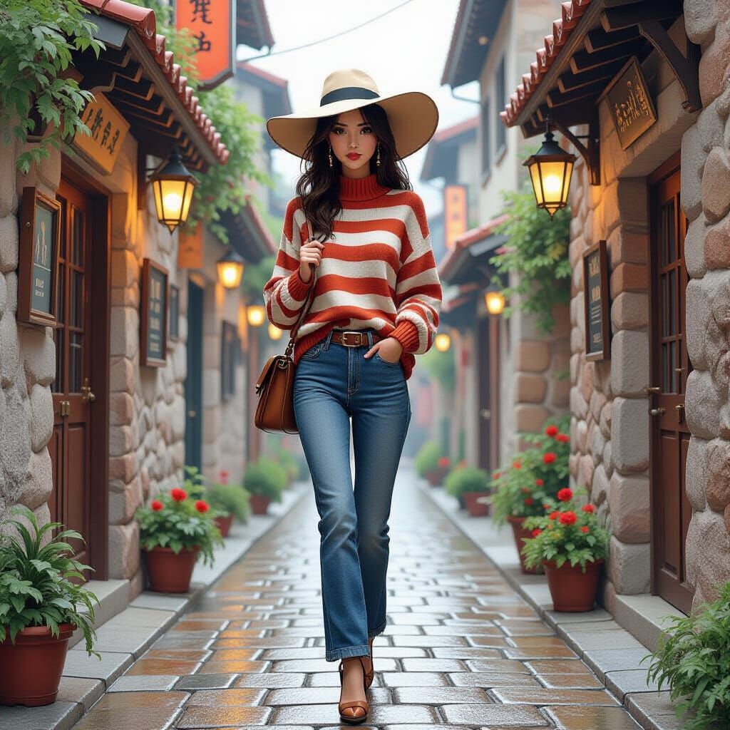 Stylized RPG Art of Woman with Umbrella on Cobblestone Stree...