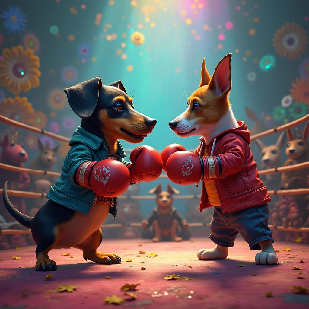 Dachshund vs Jack Russell Boxing, Dreamlike Arena