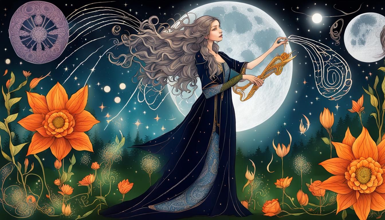 Sorceress Casting Spell Under Gibbous Moon