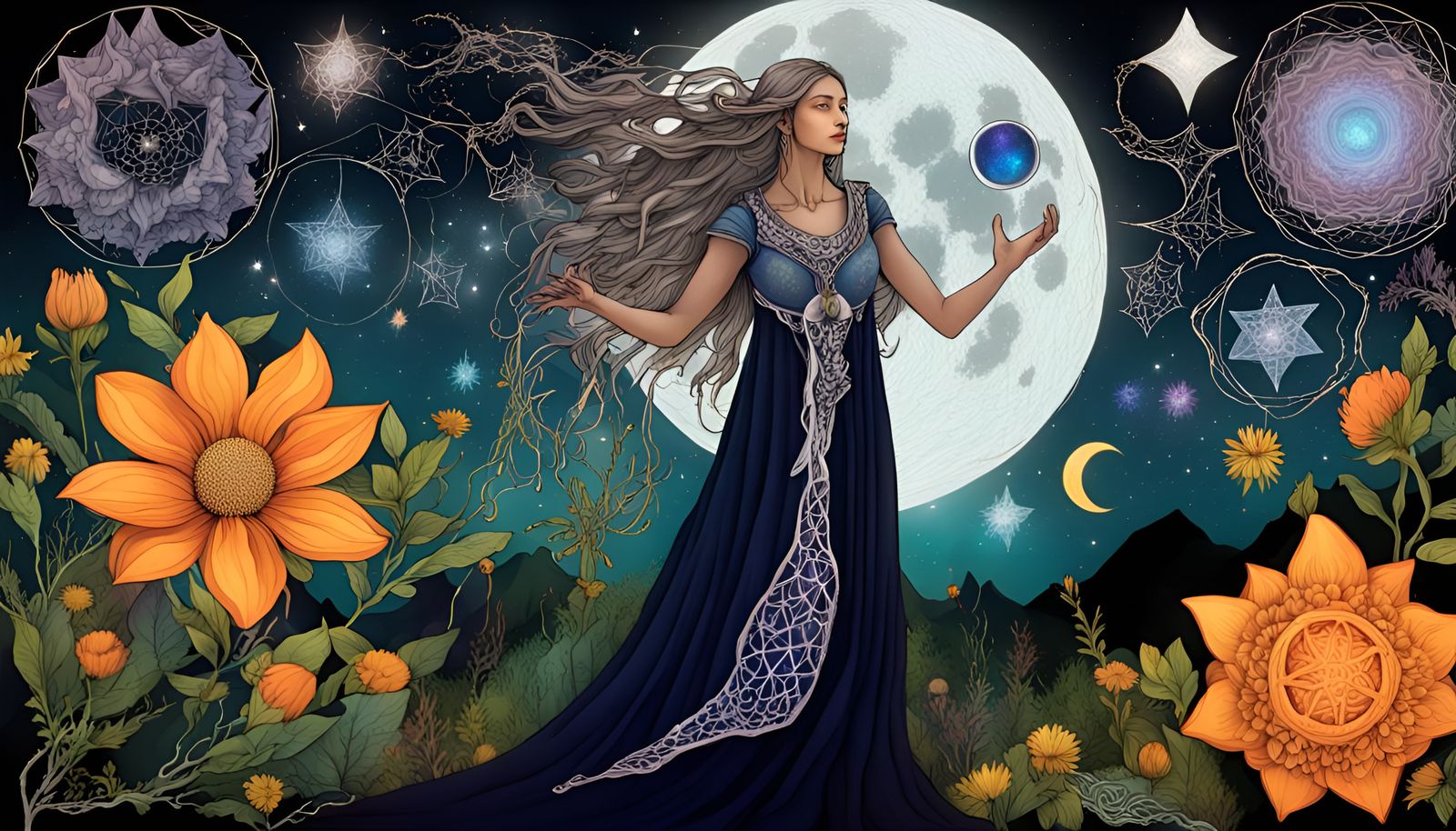 Sorceress Casting Spell Under Gibbous Moon
