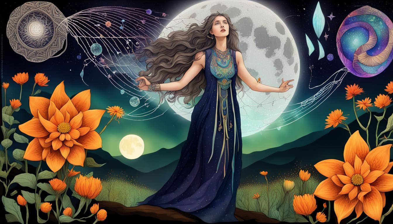 Sorceress Spellcasting Under Gibbous Moon with Crystalline E...