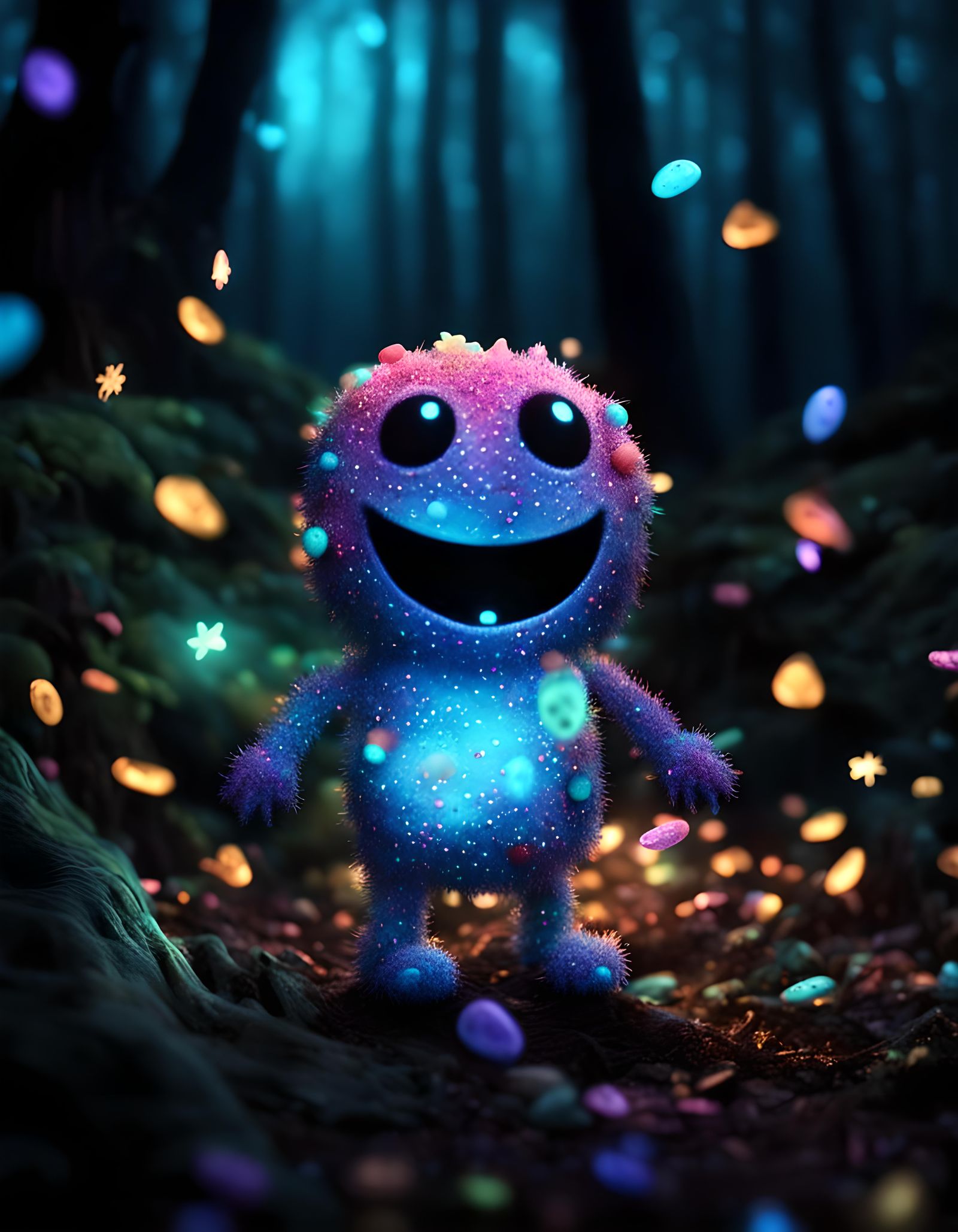 Cute Confetti Monster Spreads Joy in Bioluminescent Woods