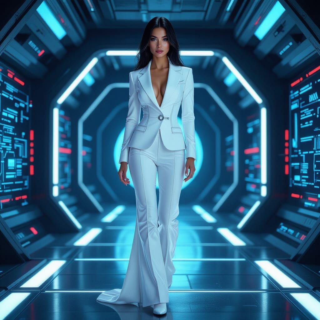 Woman in White Suit on Futuristic Platform