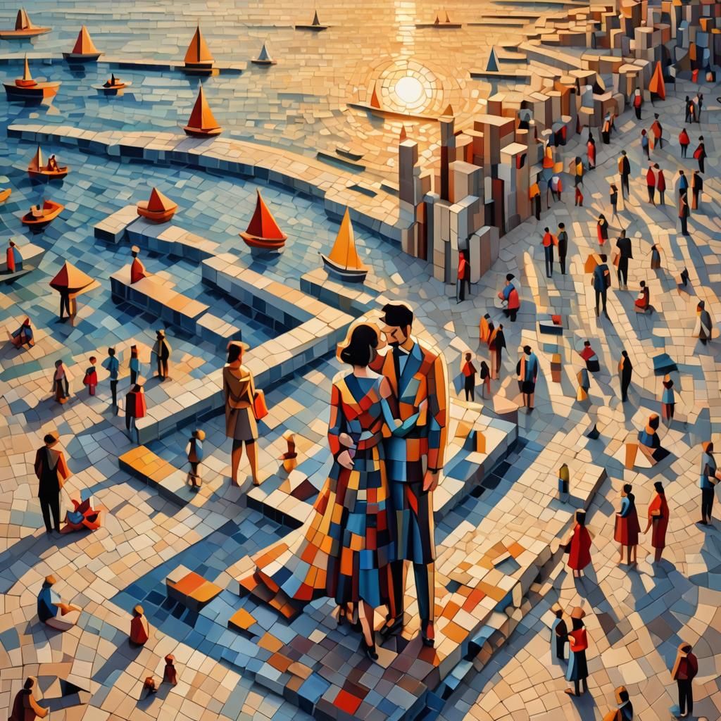 Pixelated 3D Model at Sunset in Mosaic Style