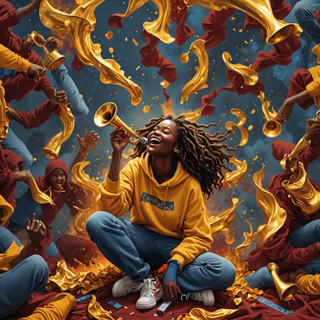 African Girl Trumpeting New Month in Hyper-Realistic Style