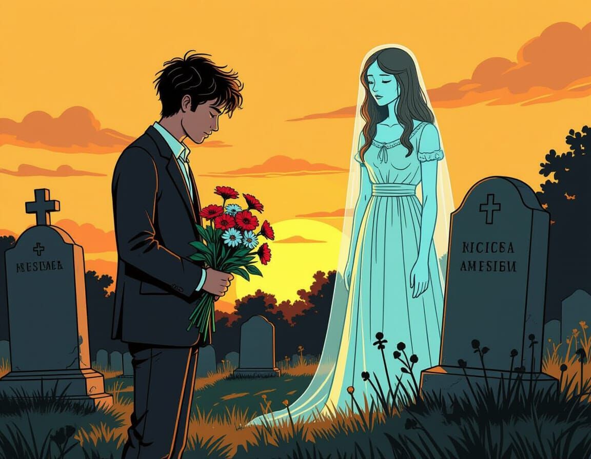 Ghostly Woman Watches Grieving Man at Grave