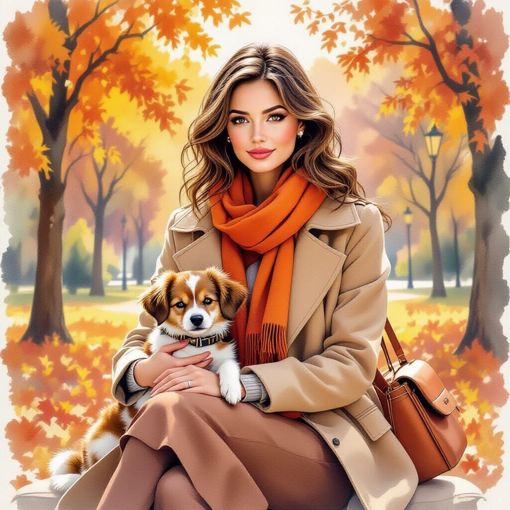 Elegant Woman with Dog in Autumnal Park Scene